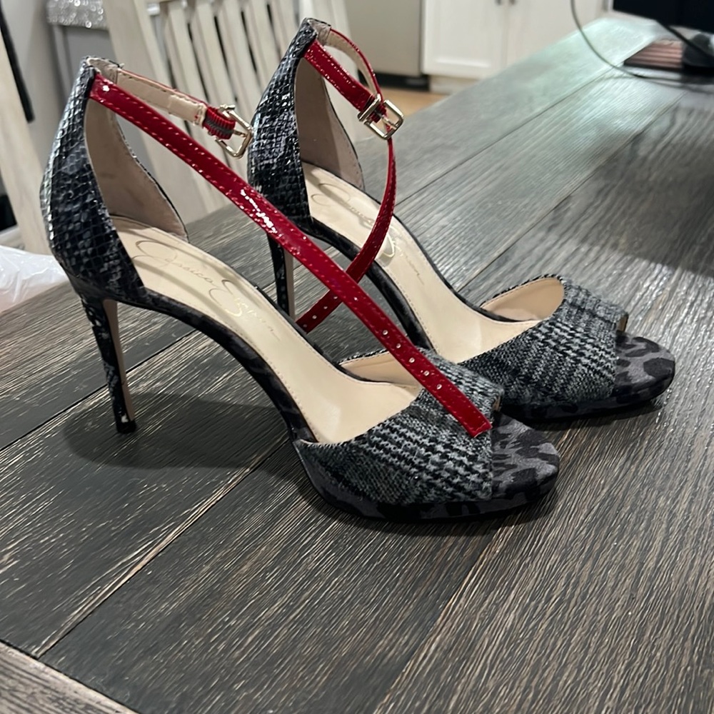 Mixed material Jessica Simpson heel- worn twice- excellent used condition.